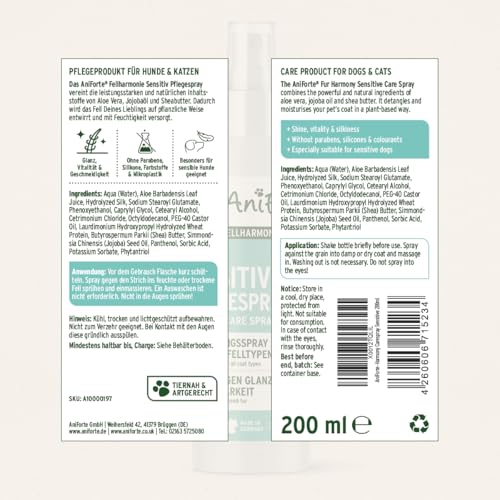AniForte Fellharmonie Pflegespray Sensitive 200ml – Sanfte Fellpflege für Hunde & Katzen, Entwirrungsspray zur Entfilzung & als Kämmhilfe