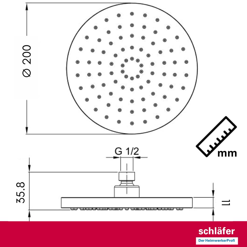 Schläfer 136010 | Soffione Doccia Tondo Ø 20cm, Soffione Doccia Anticalcare con Getto a Pioggia ad Alta Pressione in Abs, Snodo Girevole Universale G 1/2"