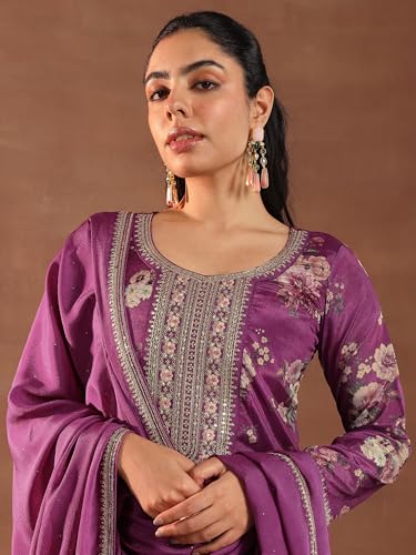 Image of Libas Womens Printed Silk Blend Straight Kurta With Palazzos and Dupatta | daily wear suit