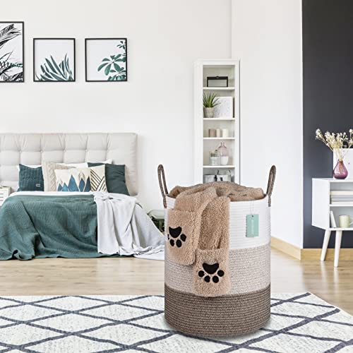 Image of Large Cotton Rope Laundry Hamper 65L, White & Gradient Brown | 16 inchx 20 inch, Tall Woven Storage Basket for Nursery, Bedroom & Living Room; Stores Clothes, Blankets, Pillows, Toys & Towels