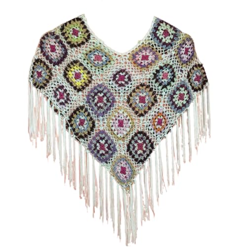 Handmade Crochet Poncho Shawl, Colorful Granny Square Pattern with Fringe, Boho Style,Crochet triangle scarf,