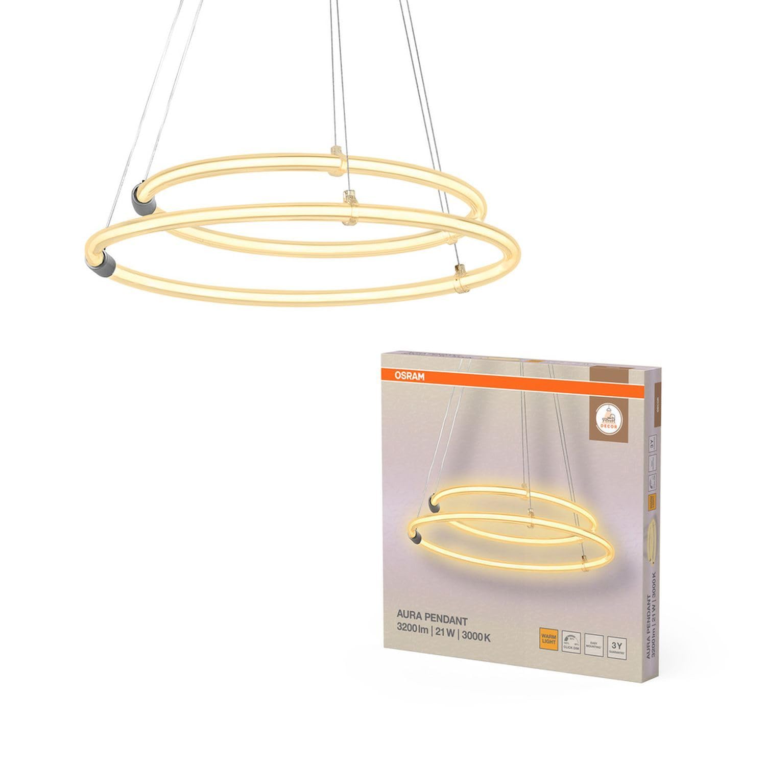 Osram Decor Aura - Lampada a sospensione a 2 luci, in policarbonato curvo con LED e filamento, 21 W, 2400 lm, 3000 K, 830 luce bianca calda, dimmerabile, grigio scuro, plastica (PC), 498 mm, IP20