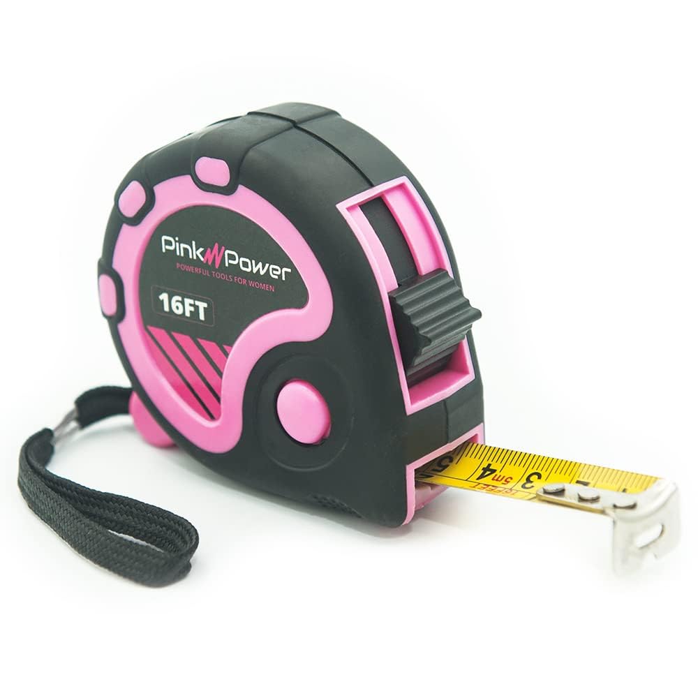 Pink Power - Cinta métrica de 4,9 m, cinta métrica rosa para mujer, con cuchilla retráctil y botón de bloqueo, cinta métrica para niñas para herramientas rosas