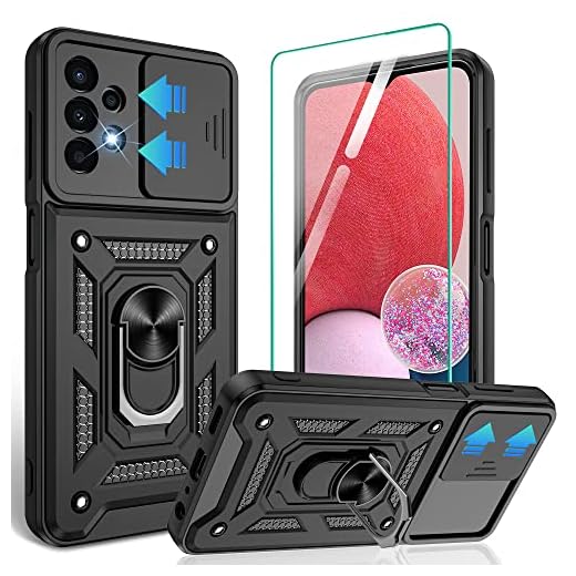 for Samsung Galaxy A13 4G Case with HD Screen Protector, Heavy Duty Shockproof Phone Cover with Magnetic Kickstand Ring, Black