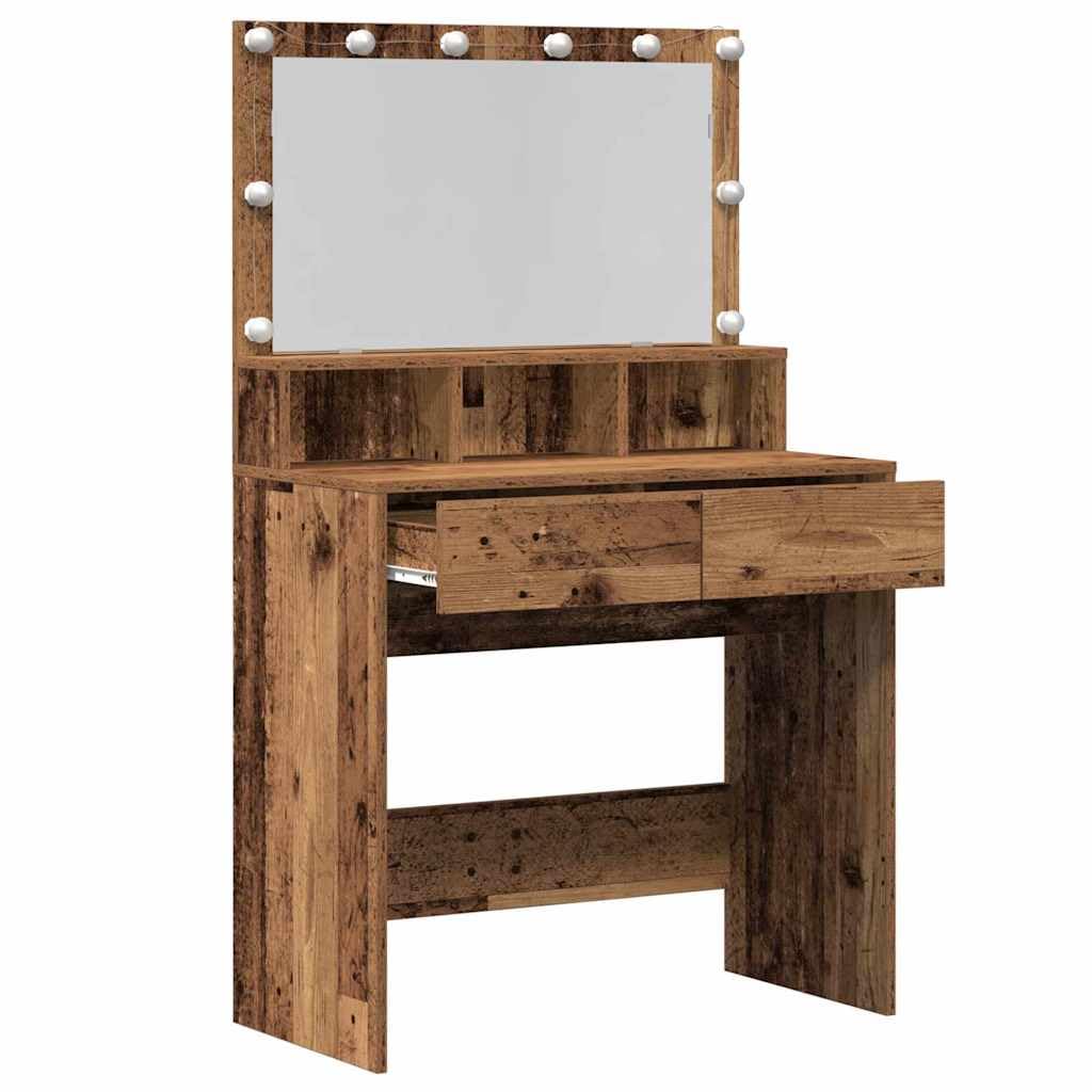 Tavolo da trucco in legno ingegnerizzato legno vecchio con specchiera e luci LED USB 80 x 41 x 134,5 cm, 2 cassetti ampio spazio, mobiletto consolle per camera da letto donna ragazza