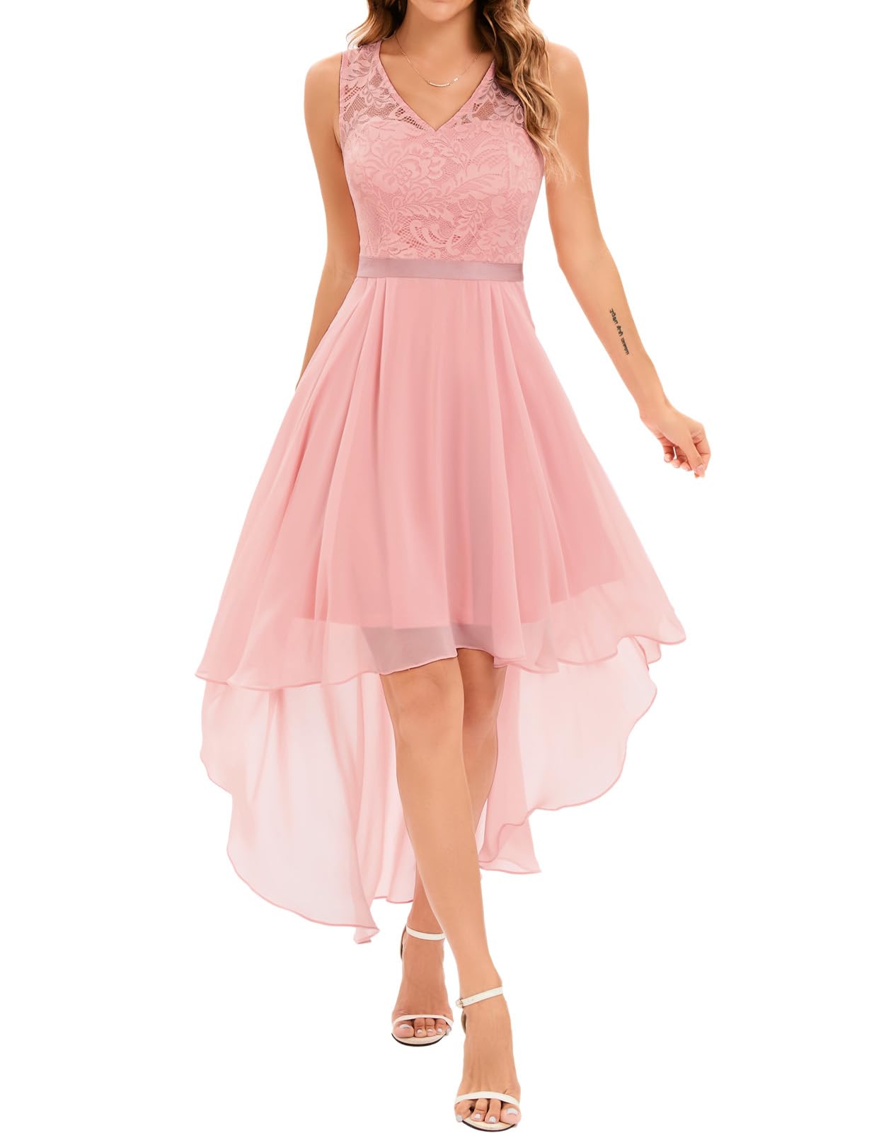 Bridesmay Floral Lace Cocktail Dresses for Women 2024 Wedding Guest High Low Prom Dresses V-Neck Bridesmaid Dresses