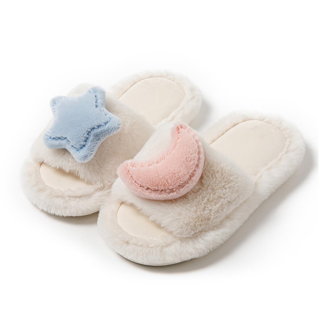 Wvapzxx Zapatillas De Piel Esponjosa De Algodón Para Mujer, Pantuflas Peludas De Interior Para El Hogar, Pantuflas De Felpa Lindas Con Forma De Estrella Y Luna