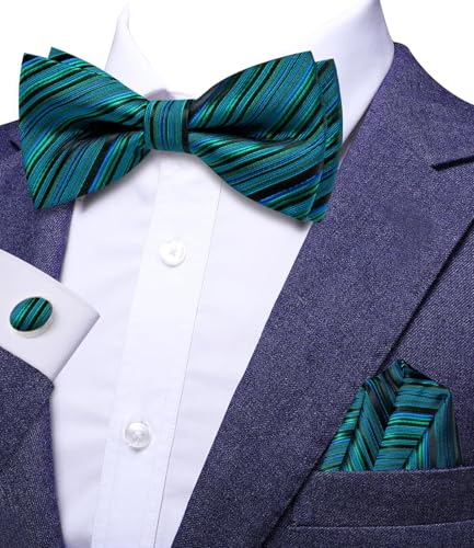 Image of Dubulle Mens Paisley Striped Bowtie Set Pre-tied Bowtie for Men and Pocket Square Set Wedding Business