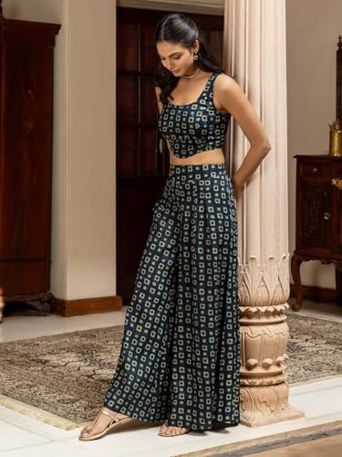Image of FIORRA Women's Navy Blue Cotton Printed Co-ord Set