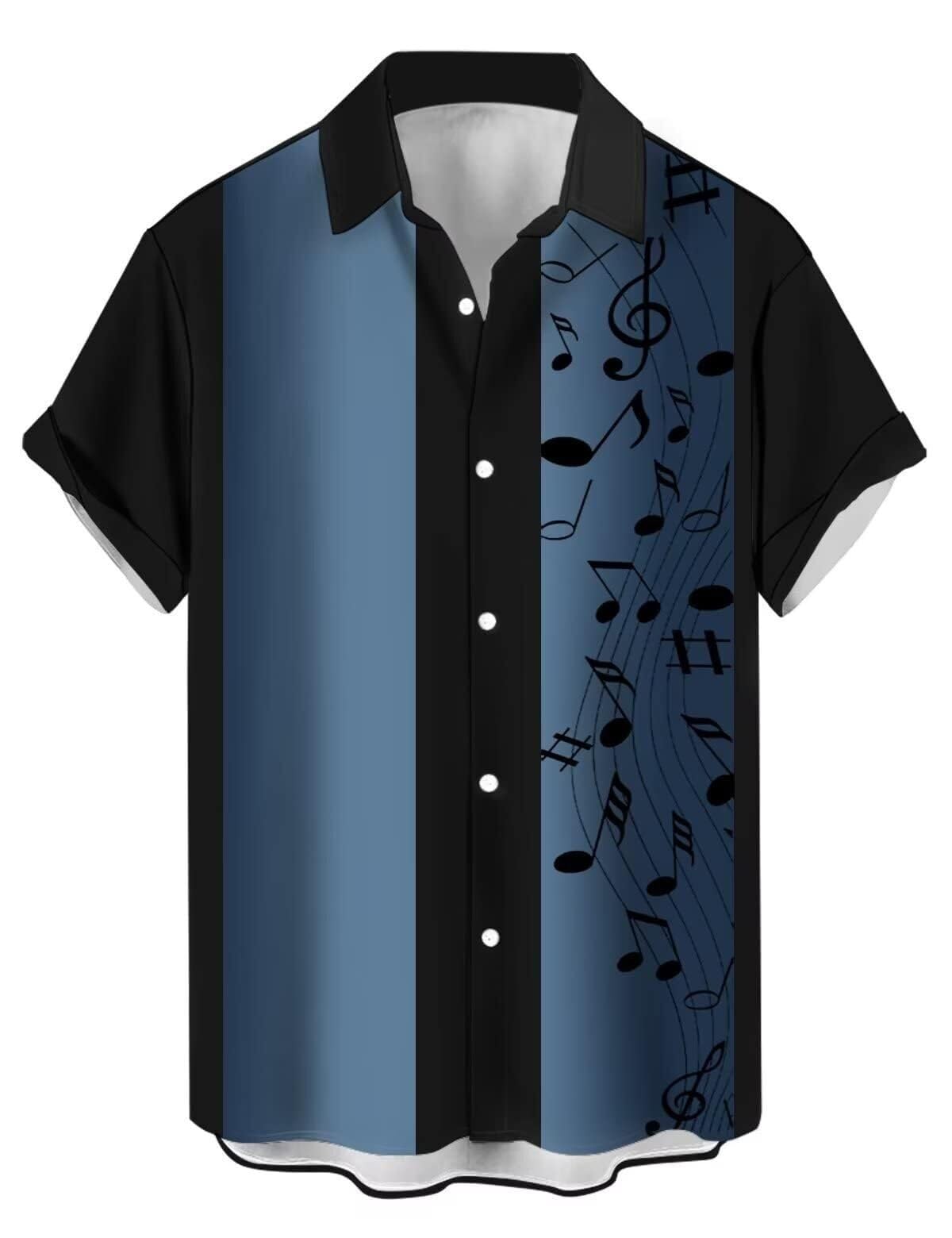 Men's Vintage Bowling Shirt 1950s Retro Rockabilly Style Short Sleeve Button Down Music Hawaiian Shirts(Music Note-Balck Blue,L)