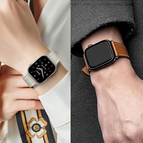 2 Pack Genuine Leather Bands (Brown and Beige) Compatible with Apple Watch Band for Women Men 42mm 41mm 40mm 38mm, for iWatch Series 10 9 8 7 6 SE 5 4 3 2 1