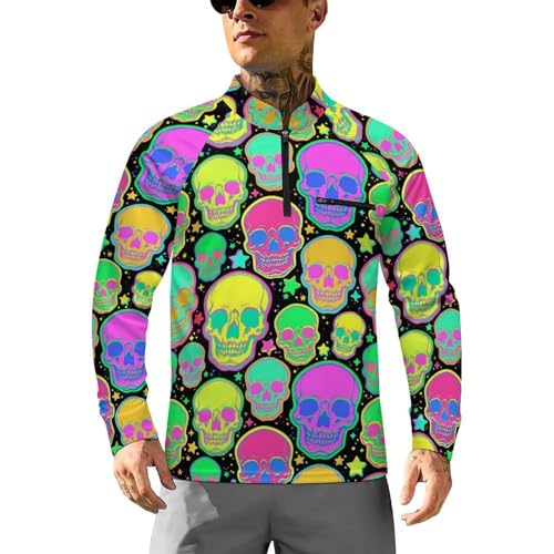 Bright Psychedelic Skulls Men's Rash Guard Long Sleeves Quick Dry Fishing Workout Shirts with Zipper