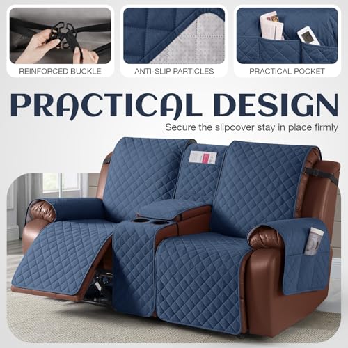 Image of KinCam 100% Waterproof Recliner Loveseat Cover with Console, Non-Slip Reclining Couch Covers for 2 Seat, Recliner Sofa Cover Furniture Protector with Elastic Straps for Kids, Pets, Blue