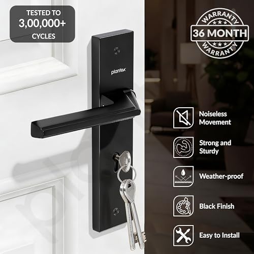 Image of Plantex Heavy-Duty Door Lock Set - Main Door Lock Handle Set / 6-Lever Lock Mechanism with 3 Years of Warranty /Mortise Lock with 3 Keys, Brass Lockbody (Z-Black)