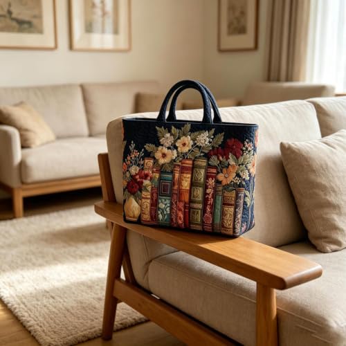 Vintage Books & Flowers Quilted Tote Bags for Women Bookish Womens Handbags - image 6
