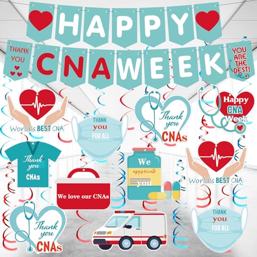 Oudain 50 Pcs Happy CNA Week Decorations 2026 Thank You CNAs Banner You Are The Best Certified Nursing Assistant Decor CNA Week Gifts Backdrop Hanging Swirls for Nurses Appreciation Party Decorations
