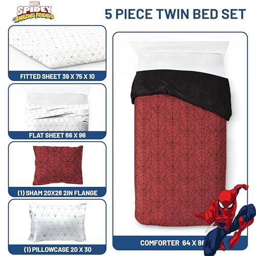 Image of Marvel Spiderman Twin Comforter Set 5 Piece Bedding for Boys, Red