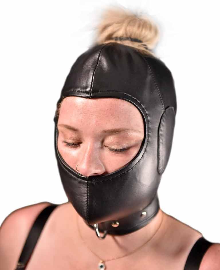 Leather Bondage Hood - Mouth Cover Bondage Mask for Silent Play - Hood-Nin-Blk