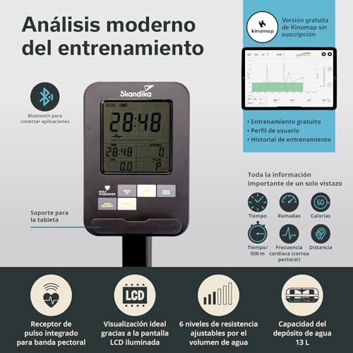 Miniatura 5 de Skandika Máquina De Remo De Agua Lykke Tanque De 90 , Máquina De Remo De Madera Maciza De Haya Para El Hogar, Compatible Con La App Kinomap Madera Clara