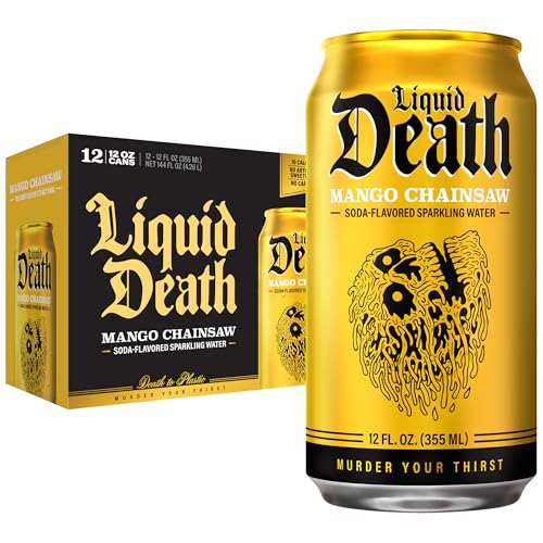 Image of Liquid Death Soda-Flavored Sparkling Water - Mango Chainsaw (Mango Orange), Less Sugar*, Huge Flavor, No Caffeine, No Artificial Sweeteners, 12 Fl Oz (Pack of 12)