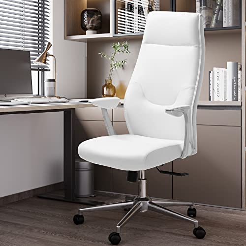 Executive Office Chair Ergonomic Office Chair White Leather Computer Chair High Back Comfortable Chair With Chrome Wheels For Home Office Chair #TOP1