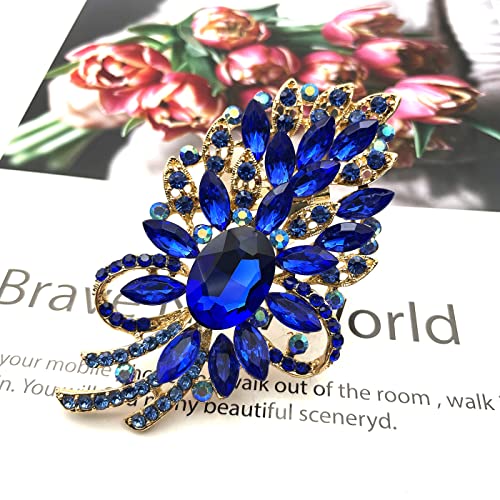Image of YOQUCOL Vintage Blue Austrian Crystal Rhinestone Leaf Shape Big Large Brooch Pin for Women Girls