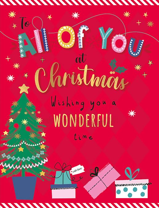 Christmas Card To All Of You Tree & gifts - 8 x 6 inches - Piccadilly Greetings