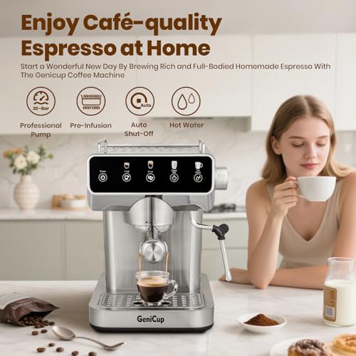 Image of Expresso Coffee Makers with Touch Screen 20 Bar, Professional Coffee Maker with Milk Frother and Hot Water, Stainless Steel Coffee Maker for American Cappuccino Latte, for Office Use in
