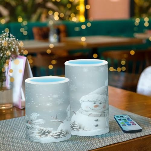 Image of Christmas Lights Flameless Candles Snowman Pine Cones Snowflake Pillar Candles Set of 2 Battery Operated Remote Control Warm Lights Home Decor