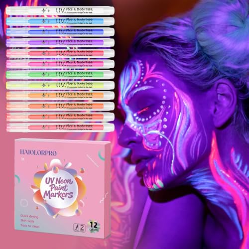 HAIOLORPRO 12 Feutres Maquillage Fluorescent dans le Noir et Fluorescents, Maquillage Fluo, Peinture Fluorescente dans le Noir et MaquillageFluorescent pour...