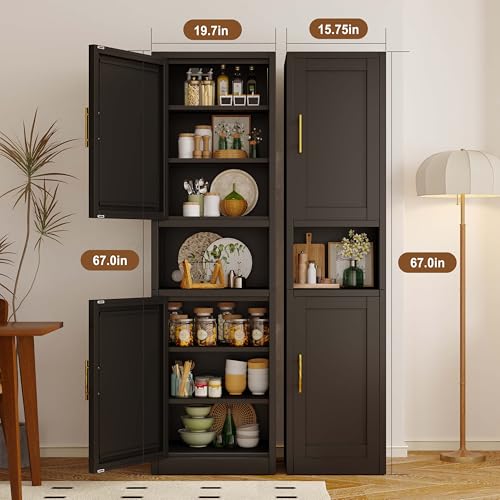 Image of pozdeg 67 inch Tall Narrow Storage Cabinet Metal Bathroom Cabinet with 4 Adjustable Shelves, Freestanding Pantry Cupboard for Kitchen, Dining Room, Living Room Bathroom and Home Office (Black)