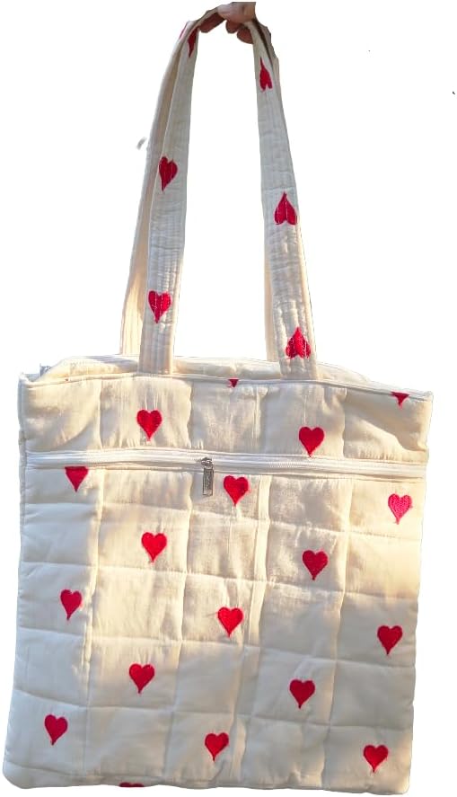 Quilted Cotton Tote Bag with Red Heart Pattern