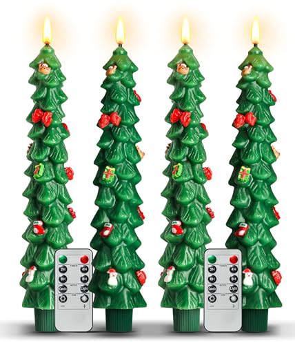 4Pcs Christmas Tree Flameless Taper Candles with Remote and Timer LED Candles Battery Operated with Mini Ornaments 9.5 Real Wax Window Candlesticks with Flickering 3D Flame for Christmas Decoration