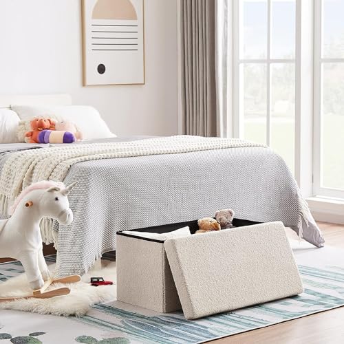 Zedelmaier Sitzbank Sitzwürfel mit Stauraum Plüschstoff Fußbank Truhen Aufbewahrungsbox faltbar belastbar bis 300 kg, Deckel abnehmbar, 76 x 38 x 38 cm (Beige-76)