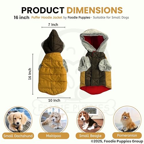 Image of Foodie Puppies Dog Puffer Hoodie Warm Winter Jacket - (Yellow Olive, 16 Inch) for Small Dogs | Ultra Warm Waterproof & Windproof Fur Coat | Washable Pet Vest Apparel for Cold Weather