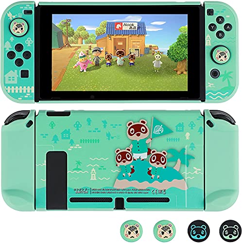 A Dockable Switch Protection Cover, For Switch Joy-Con Controller, With Glass Screen Protector, Scratch-Resistant And Absorbent Handle Cover-Green (Animal Crossing Island Version)
