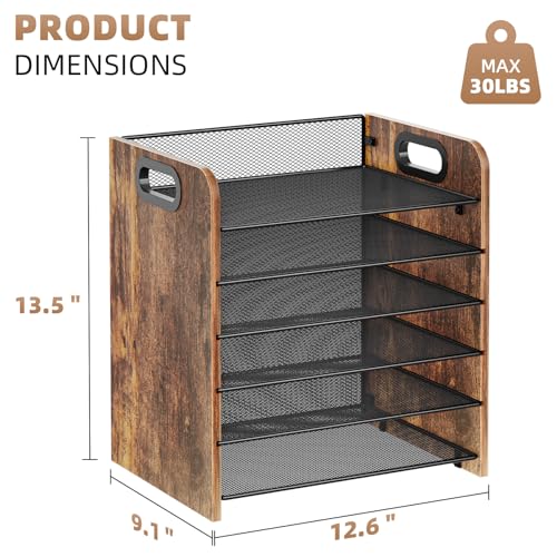 Image of Marbrasse 6 Tier Paper Organizer Letter Tray - Wooden Desk File Organizer with Handle, Paper Sorter Organizer for Letter /A4 Office File Folder Holder