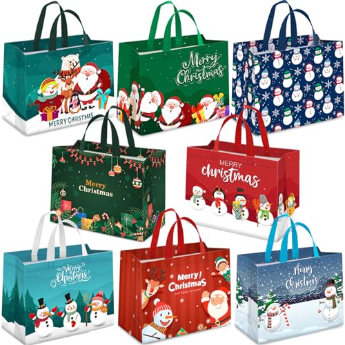 TranquilBliss 8PCS Christmas Gift Bags Reusable Holiday Treat Bags with Handles Christmas Baskets for Gifts Empty Non-Woven Xmas Party Supplies 12.89.86.7