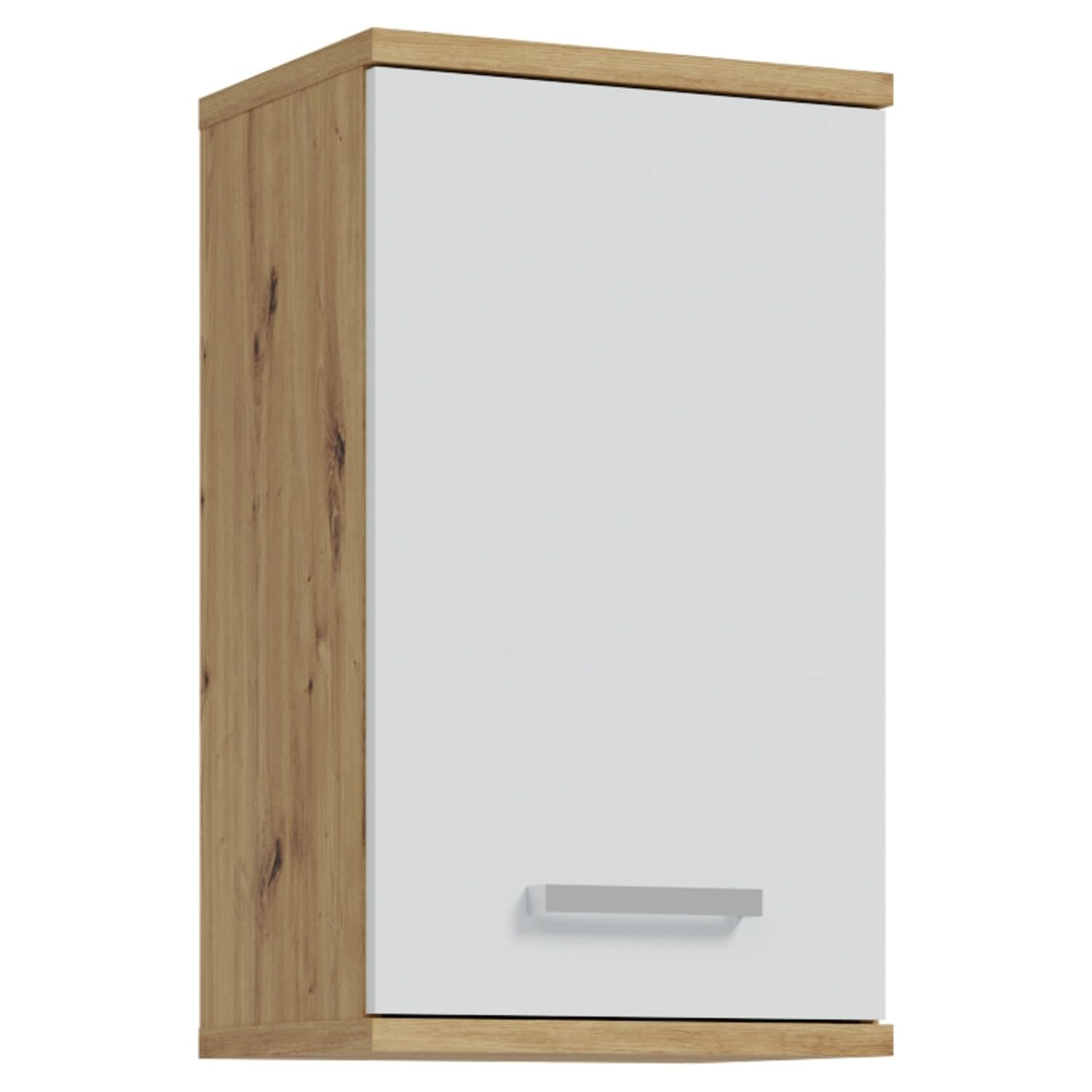 Forte VERIS Hängeschrank 40, moderner Badezimmerschrank, 1-türig, Holzwerkstoff, Weiß mit Artisan Eiche Holzdekor, 40,2 cm breit x 68,8 cm hoch x 29 cm tief