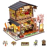 Flever Dollhouse Miniature DIY House Kit Creative Room with Furniture for Romantic Valentine's Gift(Sakura Sushi House)