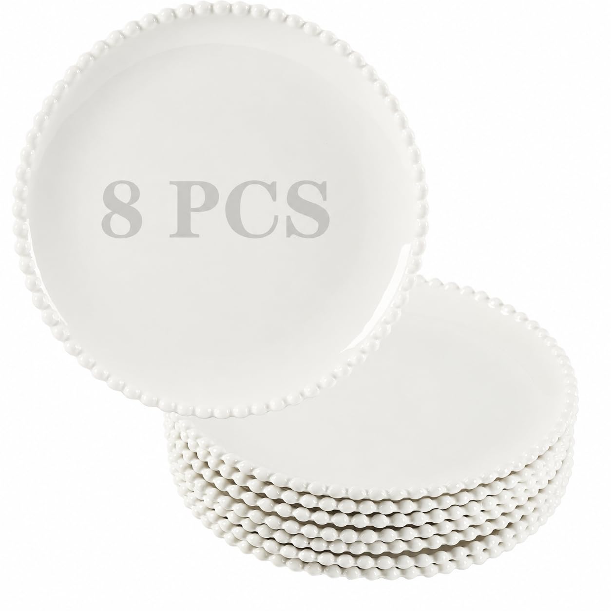 Lot de 8 assiettes à salade rondes en porcelaine de 26,7 cm, résistantes aux rayures, passent au micro-ondes, au four et au lave-vaisselle, blanc à pois perlés