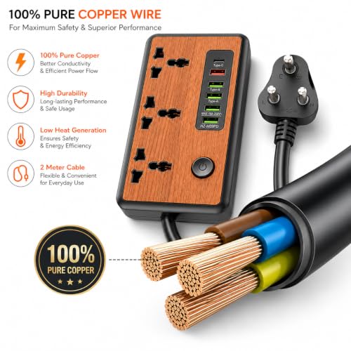 Image of MD Proelectra Premium Wooden Finish Extension Board with 3 Universal Sockets, 5 USB Ports, 1 Type-C, 2500W Power Strip with LED Display and Master Switch, Multi Plug Board for Home & Office