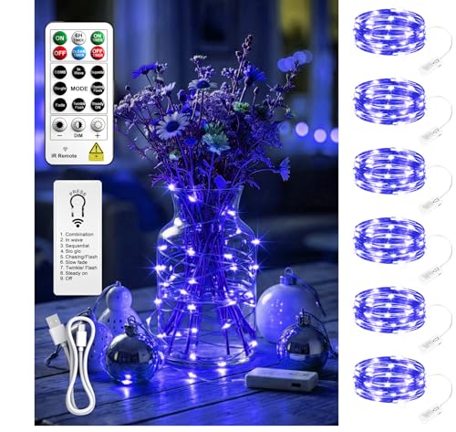 Image of 6 Pack Rechargeable Fairy Lights with Remote & DIY Timer, 7ft 20LED Dimmable Silver Wire String Light for Mason Jar, Mini Twinkle Lights for Indoor Christmas Bedroom Wedding Decor, Blue