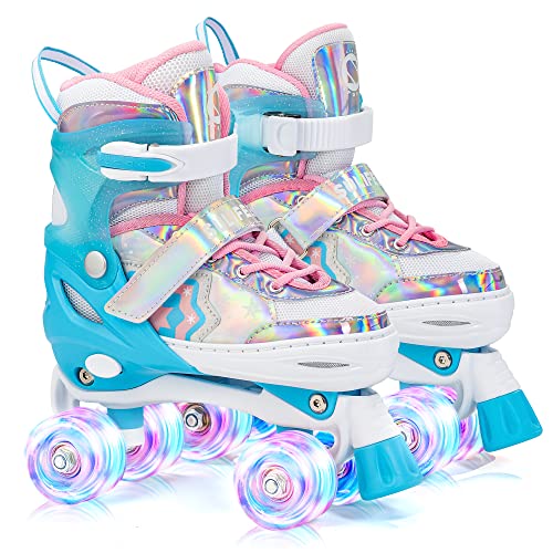 SULIFEEL Rainbow Unicorn Verstellbare Rollschuhe für Kinder mit Leuchtenden Rädern für Mädchen und Jungen