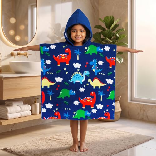 Image of Kids Poncho Towel 120x60 CM, Dinosaurs, Navy Blue