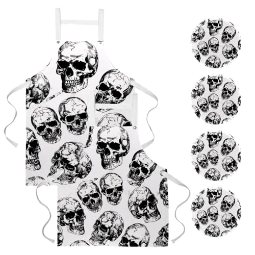 Tablier de cuisine avec 4 broches et motif crâne multicolore lot de 2 pièces