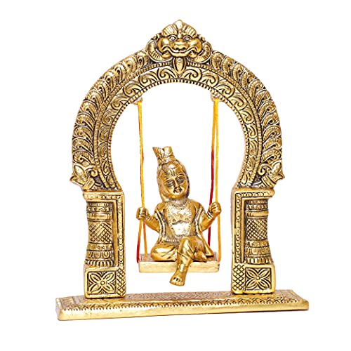 Image of KridayKraft Metal Laddu Gopal Swing Jhula Gold Plated Krishna Jhula palna for Temple,Pooja Room, Decor Your Home,Office & Gift Your Relatives On Wedding,Anniversaries,Birthday.