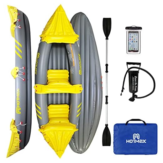 HotMax 2 Person Inflatable Kayak for Adults Beginners Foldable Touring Kayaks Yellow Professional Series 10 Safety Independent Air Valves Canoe with Aluminum Paddle, Pump (Two Person)