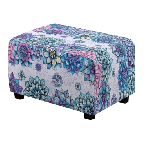 Cadowhimsy Purple Bohemian Flower Print Ottoman Covers Non-Slip Rectangle Storage Stool Cover Stretch Fabric Slipcovers for Footstool Footrest Protector with Elastic Band, L