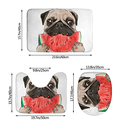 DIRYKILP Badematte + Konturmatte + Toilettendeckelbezug, Mops Eats Wassermelone 3 Stück Badematten Set, mit rutschfester Klebeunterseite – Bild 4